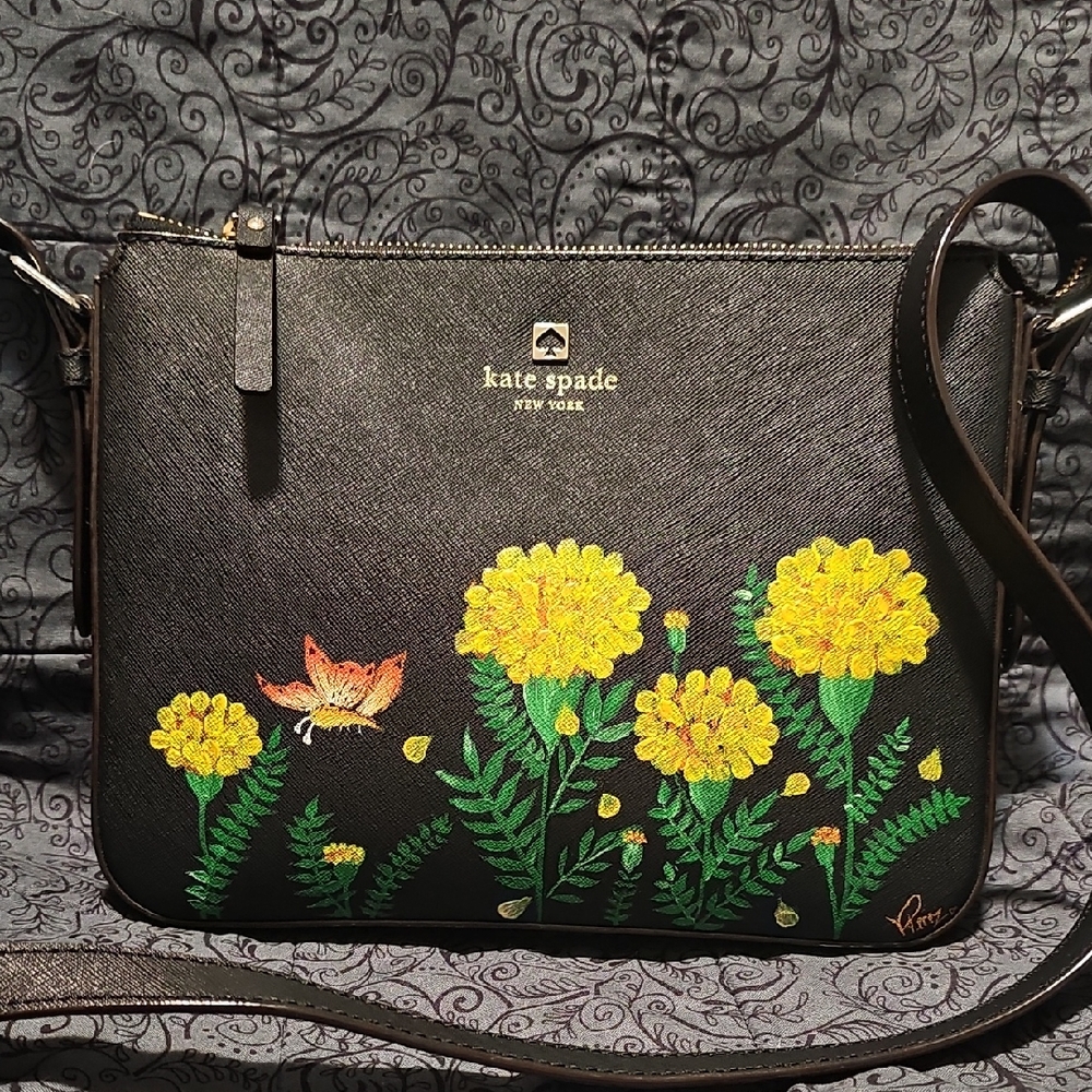 Hand Painted Kate Spade Black Floral Crossbody Bag